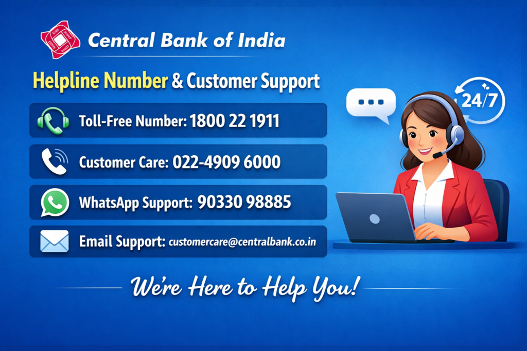 Central Bank Of India Helpline Number – Toll Free, Customer Care, WhatsApp & Support